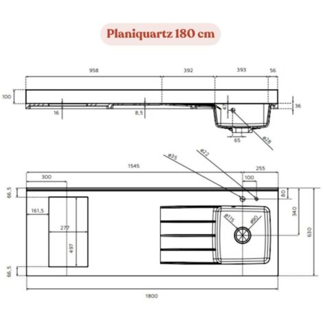 Plan de travail monobloc PlaniQuartz avec évier - 180 cm - Nero - évier à droite - Plaque de cuisson Non inclus