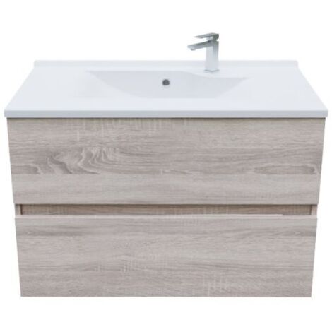 Meuble salle de bain suspendu 80 cm ROSALY- Bois- Plan vasque en Résine