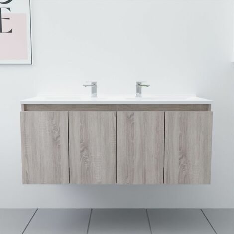 Cuisibane – Meuble double vasque 120 cm – Plan vasque en résine – 4 portes battantes avec amortisseurs – Rangement pratique pour salle de bain