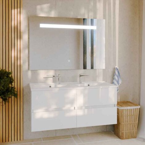 Meuble double vasque 120 cm ROSALY avec miroir Elégance ht80- Blanc- Plan vasque en Résine