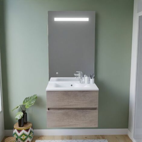 Meuble vasque ROSALY INOX 70 cm + miroir Elégance ht105- Bois- Plan vasque en Résine