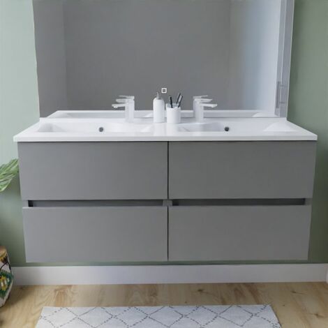 Meuble double vasque 120 cm ROSALY INOX- Gris- Plan vasque en Résine
