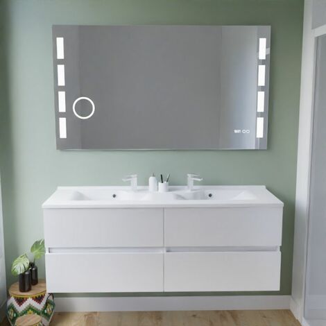 Meuble double vasque 140 cm ROSALY INOX + miroir LED Excellence- Blanc- Plan vasque en