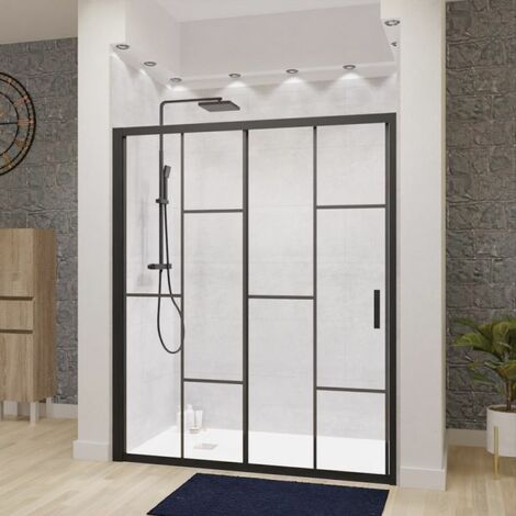 Cuisibane – Paroi de douche coulissante verrière 160 cm – Verre trempé 6 mm – Aluminium noir mat – Système Stop Water pour étanchéité