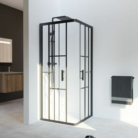 Cuisibane – Paroi de douche d'angle 80 cm x 80 cm – Verre trempé sécurit avec traitement anticalcaire – Aluminium noir mat – Système Stop Water