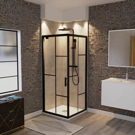 Cuisibane – Paroi de douche d'angle pivotante 80x80 – Verre trempé 6mm anticalcaire – Aluminium noir mat – Hauteur 190cm – Étanchéité brevetée Stop Water