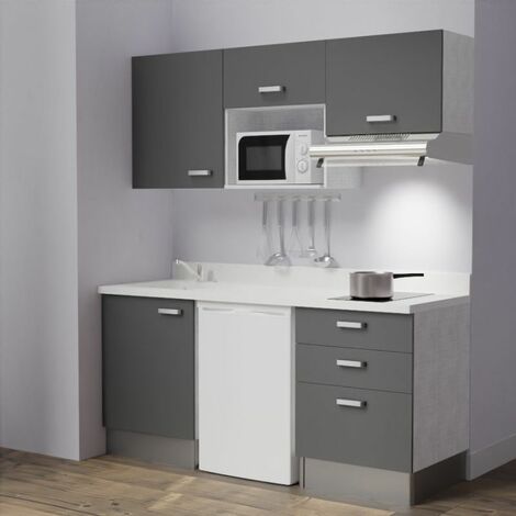 Kitchenette K20L - 180 cm - emplacements frigo, micro-ondes et hotte-Gris-Snova-évier à gauche