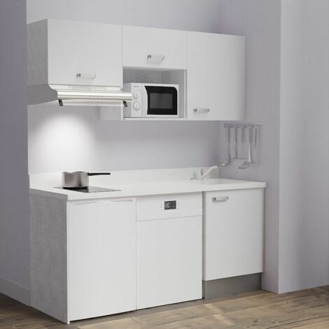 Kitchenette K55L - 180 cm - emplacements hotte, micro-ondes, frigo et lave-vaisselle-Blanc-Snova-évier à droite
