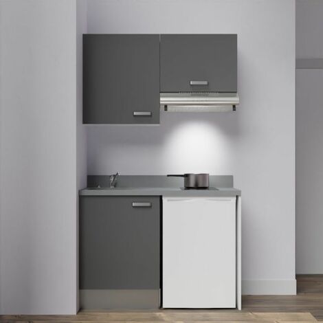 Kitchenette K01L - 120 cm - emplacements frigo top et hotte-Gris-Cromo-évier à gauche