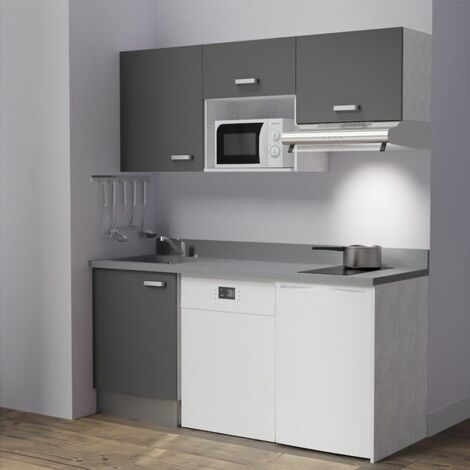 Kitchenette K55L - 180 cm - emplacements hotte, micro-ondes, frigo et lave-vaisselle-Gris-Cromo-évier à gauche