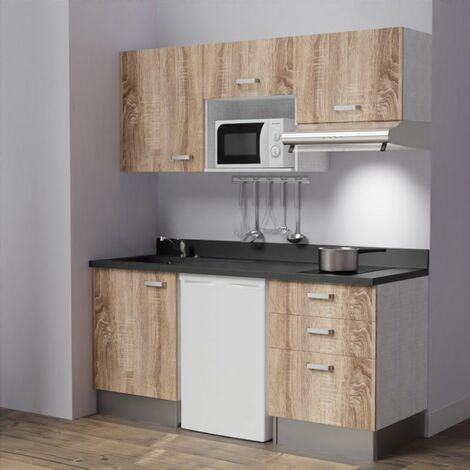 Cuisibane – Kitchenette 180 cm – Évier à gauche – Emplacements frigo, micro-ondes et hotte – Plan de travail en PlaniQuartz – Meubles en bois noir