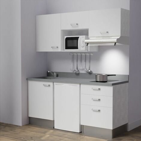 Kitchenette K20L - 180 cm - emplacements frigo, micro-ondes et hotte-Blanc-Cromo-évier à gauche