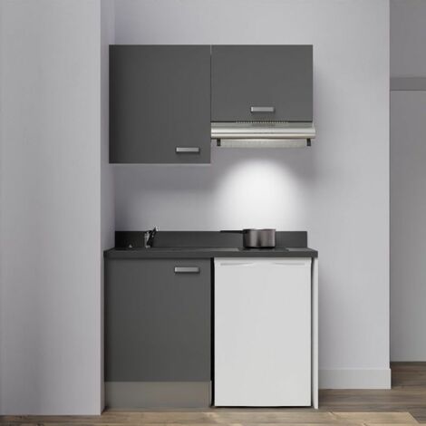 Cuisibane – Kitchenette 120 cm – Évier à gauche – Emplacements frigo top et hotte – Plan de travail PlaniQuartz 19 mm – Caissons mélaminés 18 mm