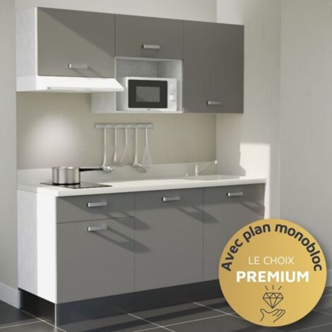 Kitchenette K30L - 180 cm - emplacements micro-ondes et hotte-Gris-Snova-évier à droite