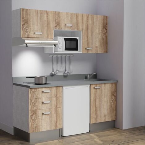 Kitchenette K20L - 180 cm - emplacements frigo, micro-ondes et hotte-Bois-Cromo-évier à droite