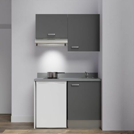 Kitchenette K01L - 120 cm - emplacements frigo top et hotte-Gris-Cromo-évier à droite