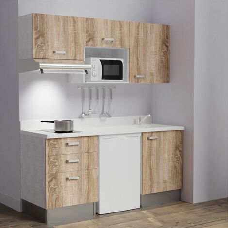 Kitchenette K20L - 180 cm - emplacements frigo, micro-ondes et hotte-Bois-Snova-évier à droite