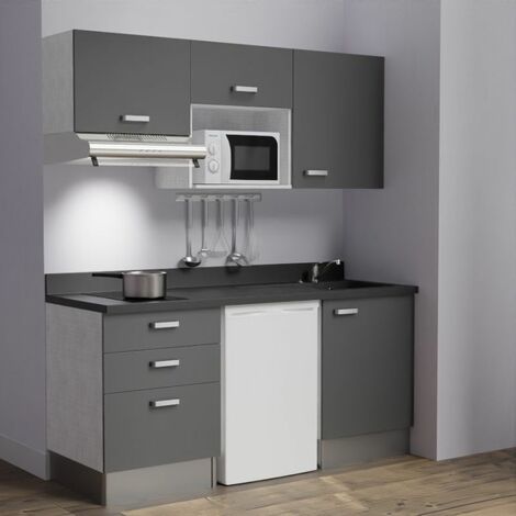 Kitchenette K20L - 180 cm - emplacements frigo, micro-ondes et hotte-Gris-Nero-évier à droite