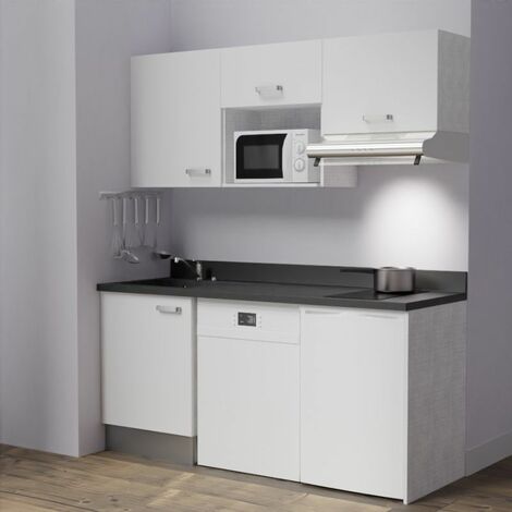 Kitchenette K55L - 180 cm - emplacements hotte, micro-ondes, frigo et lave-vaisselle-Blanc-Nero-évier à gauche