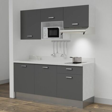 Kitchenette K30L - 180 cm - emplacements micro-ondes et hotte-Gris-Snova-évier à gauche