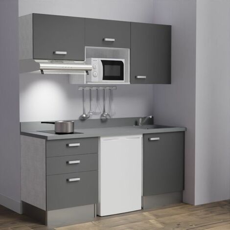 Kitchenette K20L - 180 cm - emplacements frigo, micro-ondes et hotte-Gris-Cromo-évier à droite