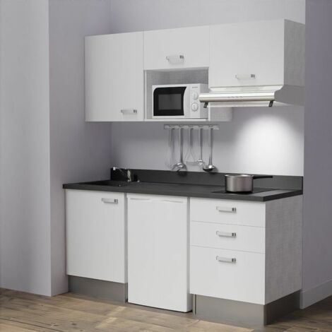 Kitchenette K20L - 180 cm - emplacements frigo, micro-ondes et hotte-Blanc-Nero-évier à gauche