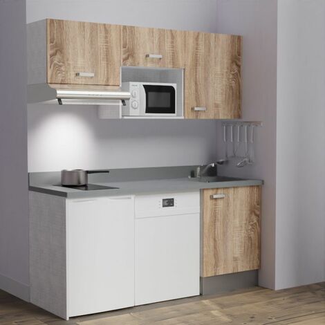 Kitchenette K55L - 180 cm - emplacements hotte, micro-ondes, frigo et lave-vaisselle-Bois-Cromo-évier à droite