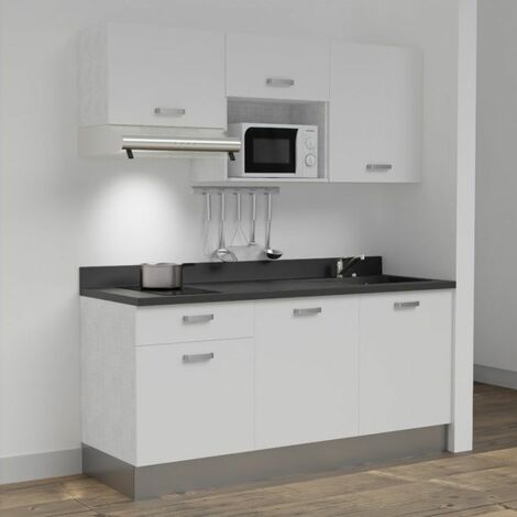 Kitchenette K30L - 180 cm - emplacements micro-ondes et hotte-Blanc-Nero-évier à droite (1/5)