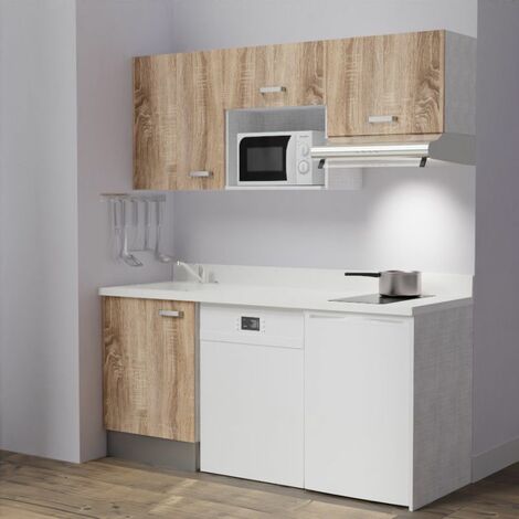 Kitchenette K55L - 180 cm - emplacements hotte, micro-ondes, frigo et lave-vaisselle-Bois-Snova-évier à gauche
