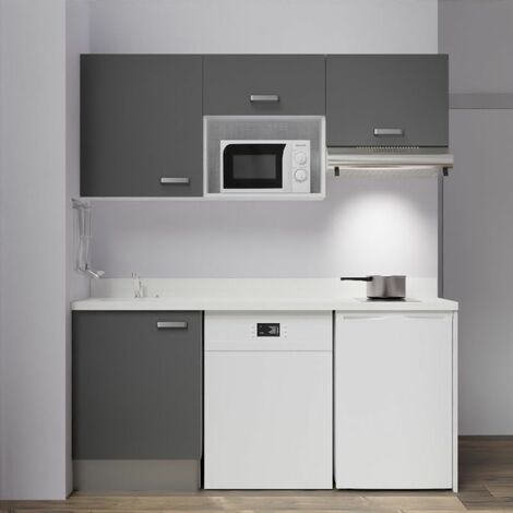 Kitchenette K55L - 180 cm - emplacements hotte, micro-ondes, frigo et lave-vaisselle-Gris-Snova-évier à gauche
