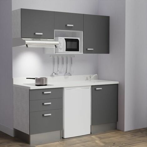 Kitchenette K20L - 180 cm - emplacements frigo, micro-ondes et hotte-Gris-Snova-évier à droite