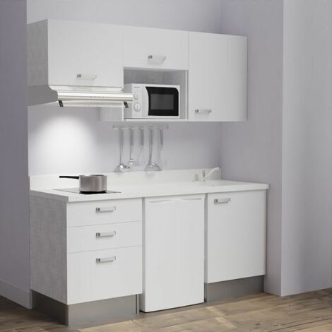Kitchenette K20L - 180 cm - emplacements frigo, micro-ondes et hotte-Blanc-Snova-évier à droite