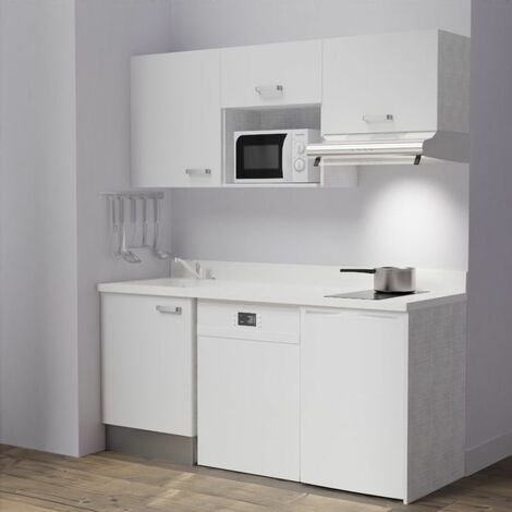 Kitchenette K55L - 180 cm - emplacements hotte, micro-ondes, frigo et lave-vaisselle-Blanc-Snova-évier à gauche