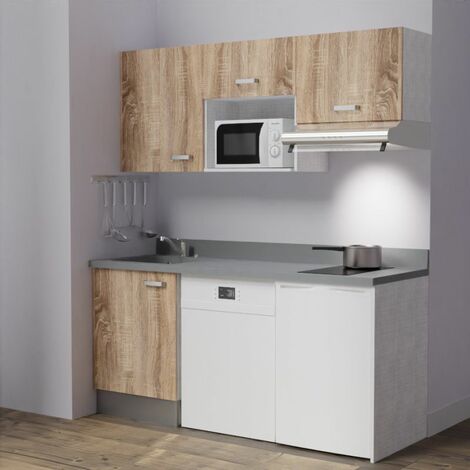 Kitchenette K55L - 180 cm - emplacements hotte, micro-ondes, frigo et lave-vaisselle-Bois-Cromo-évier à gauche