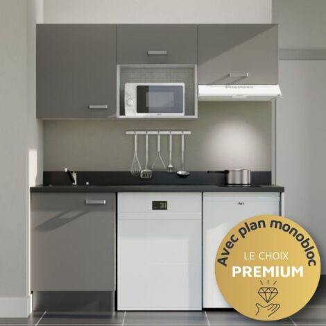 Cuisibane – Kitchenette 180 cm avec évier à gauche – Emplacements pour frigo, lave-vaisselle, micro-ondes et hotte – PlaniQuartz durable – Couleur gris-néro