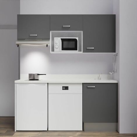Kitchenette K55L - 180 cm - emplacements hotte, micro-ondes, frigo et lave-vaisselle-Gris-Snova-évier à droite