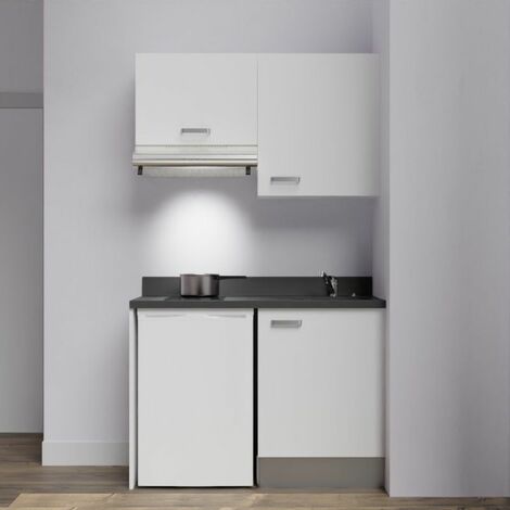 Kitchenette K01L - 120 cm - emplacements frigo top et hotte-Blanc-Nero-évier à droite