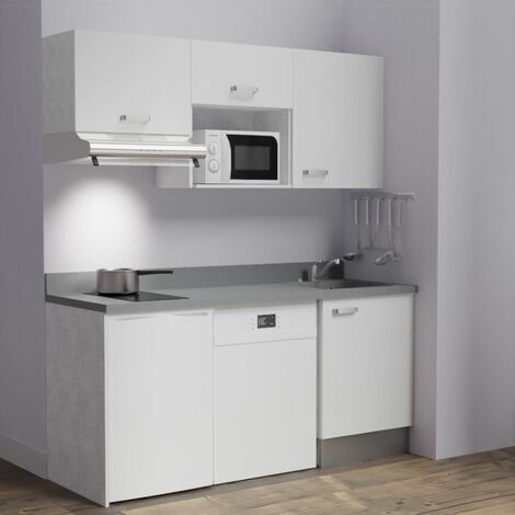 Kitchenette K55L - 180 cm - emplacements hotte, micro-ondes, frigo et lave-vaisselle-Blanc-Cromo-évier à droite