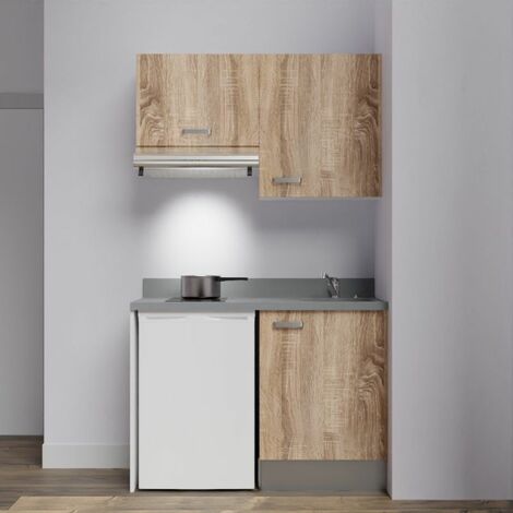 Kitchenette K01L - 120 cm - emplacements frigo top et hotte-Bois-Cromo-évier à droite