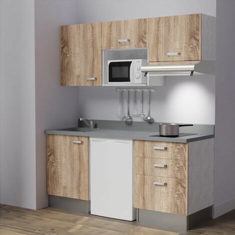 Kitchenette K20L - 180 cm - emplacements frigo, micro-ondes et hotte-Bois-Cromo-évier à gauche