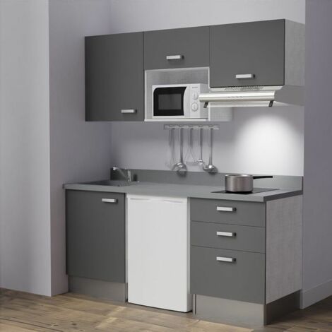 Kitchenette K20L - 180 cm - emplacements frigo, micro-ondes et hotte-Gris-Cromo-évier à gauche