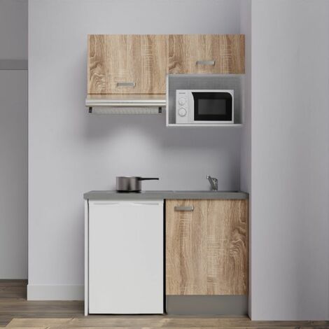 Kitchenette K02L-PT - 120 cm avec plan de travail et évier - emplacements frigo, hotte et micro-ondes - Façade Bois - Plan Gris béton - Evier Inox - Crédences Non