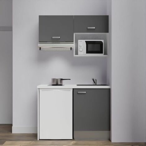 Kitchenette K02L-PT - 120 cm avec plan de travail et évier - emplacements frigo, hotte et micro-ondes Façade Gris - Plan Blanc - Evier Noir