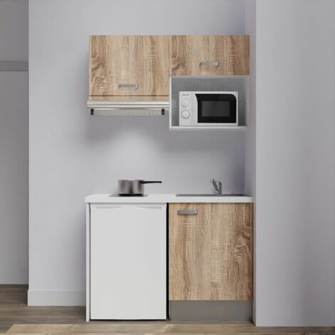 Kitchenette K02L-PT - 120 cm avec plan de travail et évier - emplacements frigo, hotte et micro-ondes Façade Bois - Plan Blanc - Evier Gris