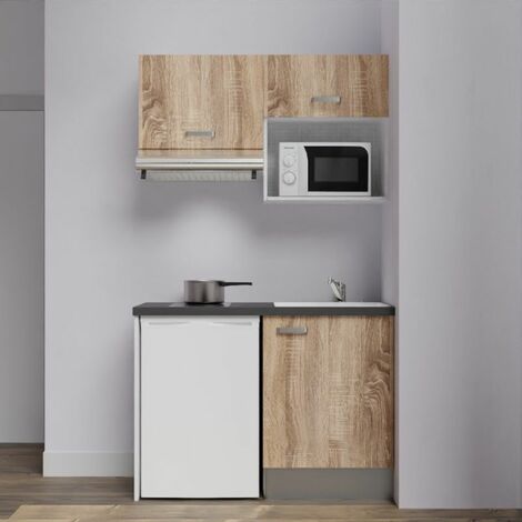 Kitchenette K02L-PT - 120 cm avec plan de travail et évier - emplacements frigo, hotte et micro-ondes - Façade Bois - Plan Noir texturé - Evier Inox - Crédences Non