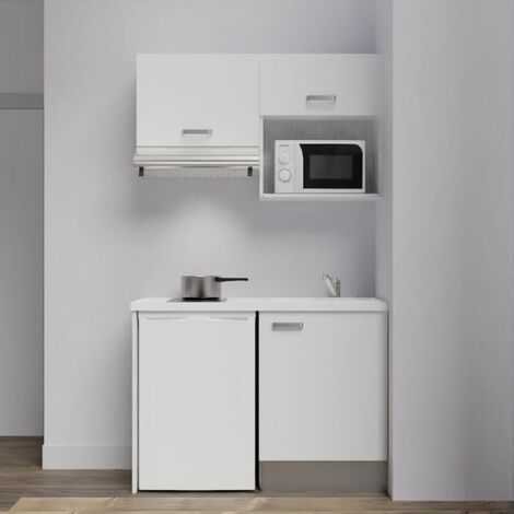 Kitchenette K02L-PT - 120 cm avec plan de travail et évier - emplacements frigo, hotte et micro-ondes Façade Blanc - Plan Blanc - Evier Blanc