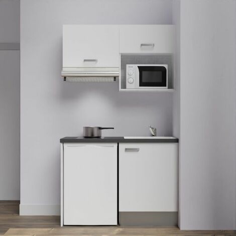 Kitchenette K02L-PT - 120 cm avec plan de travail et évier - emplacements frigo, hotte et micro-ondes - Façade Blanc - Plan Noir texturé - Evier Inox - Crédences Non