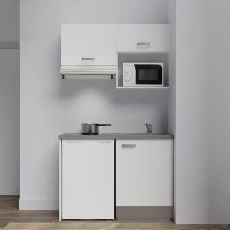 Kitchenette K02L-PT - 120 cm avec plan de travail et évier - emplacements frigo, hotte et micro-ondes Façade Blanc - Plan Gris - Evier Gris