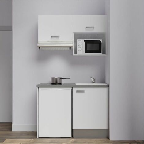 Kitchenette K02L-PT - 120 cm avec plan de travail et évier - emplacements frigo, hotte et micro-ondes - Façade Blanc - Plan Gris béton - Evier Inox - Crédences Non