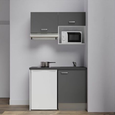 Kitchenette K02L-PT - 120 cm avec plan de travail et évier - emplacements frigo, hotte et micro-ondes - Façade Gris - Plan Noir texturé - Evier Inox - Crédences Non